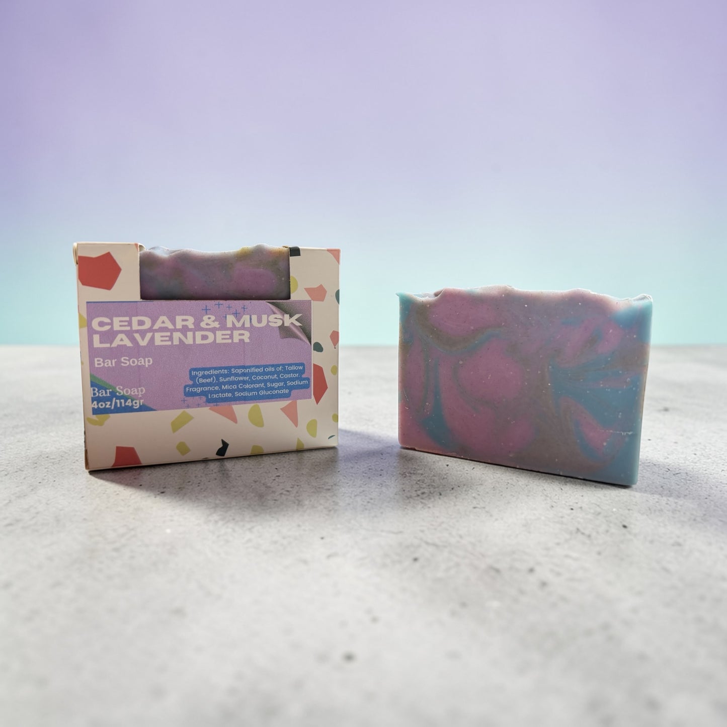 Bar of soap with a colorful packaging label on a textured surface