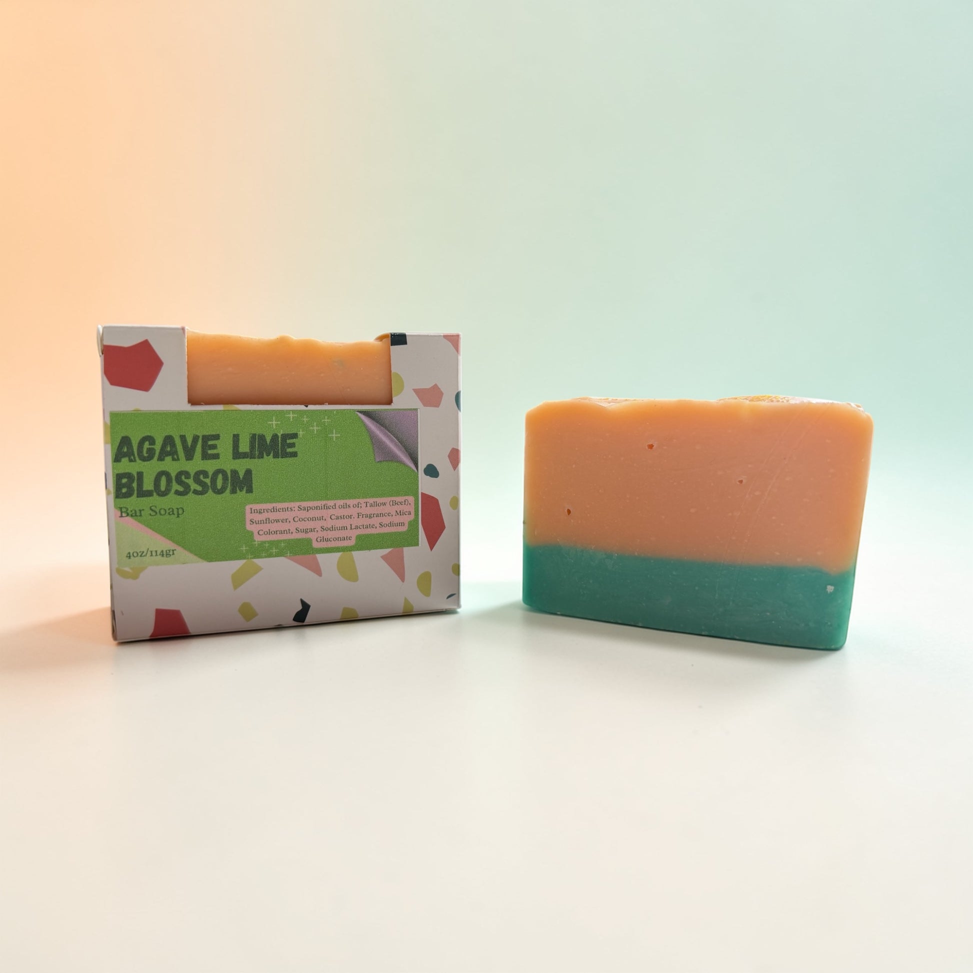 Bar of soap with a colorful label on a gradient background
